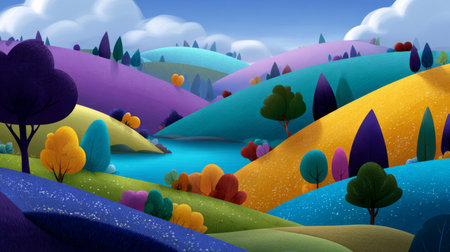 Vibrant animated landscape showcasing colorful hills, trees, and serene water in a whimsical settingの素材