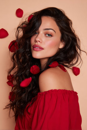 A stunning image featuring a model with long, wavy black hair and striking makeup, adorned with red rose petals, exuding elegance. Dressed in a vibrant red off-the-shoulder top, she poses against a soft peach backdrop, creating a romantic mood. Ideal for beauty, fashion, or floral-themed projects.の素材