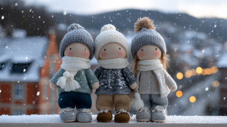 three cute knitted girl dolls in winter stand on the balcony, with snowflakes floating around them and distant views of small buildings towns and hills. the style is full-body portrait photography, with soft lighting, detailed depiction, and knolling. they wear long woolen pants, jackets made from grayish-blue knit fabric, white scarves tied around their necks, and shoes with tassels on top, creating an atmosphere of warmth and comfort.の素材