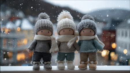 three cute knitted girl dolls in winter stand on the balcony, with snowflakes floating around them and distant views of small buildings towns and hills. the style is full-body portrait photography, with soft lighting, detailed depiction, and knolling. they wear long woolen pants, jackets made from grayish-blue knit fabric, white scarves tied around their necks, and shoes with tassels on top, creating an atmosphere of warmth and comfort.の素材