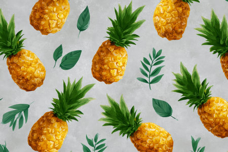A vibrant image featuring a repeated pattern of pineapples on a soft, light gray background. Each pineapple exhibits its textured brown exterior and lush green leaves, evoking a tropical vibe. Perfect for summer-themed projects, culinary designs, or fun decorative prints, this cheerful image adds a fresh, lively touch to any setting.の素材
