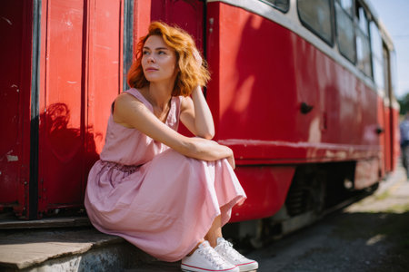 Amazing beautiful red-haired young woman in retro style fancy prom pink dress sitting on steps of old old red Soviet tram. Creative concept. Public transport fashion. rough sneakers shoes. pensivelyの素材