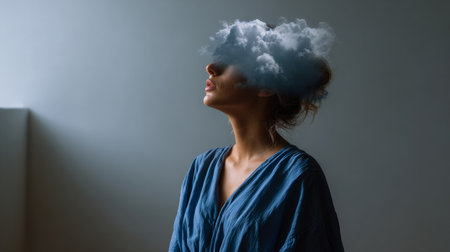 Dreamlike portrait exploring boundaries between physical form and abstract emotion, featuring woman with cloud obscuring head against minimalist studio settingの素材