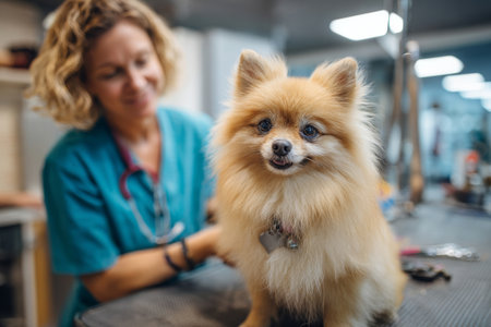 A fluffy Pomeranian dog receives grooming attention in this vibrant image. Set in a modern pet grooming salon, the warm tones of the dog's fur contrast beautifully with the cool colors of the grooming tools. The focused atmosphere showcases a caring interaction between pet and groomer, emphasizing pet wellness and care.の素材