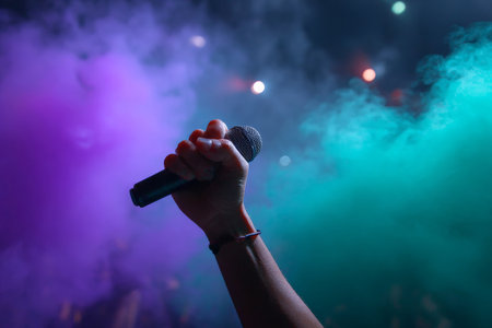 A dynamic image captures a hand raised high, gripping a microphone amidst vibrant smoke. The colorful hues of green and purple create an electrifying atmosphere, perfect for music events or performances. This scene evokes excitement and passion, making it an ideal choice for any creative project related to music and entertainment.の素材