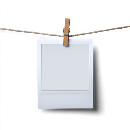 Blank photo frame hanging on rope with clothespins isolated on white backgroundの素材