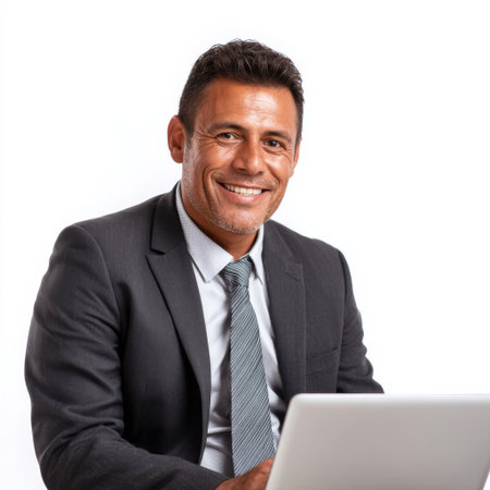 Portrait of a smiling middle-aged Hispanic businessman using a laptopの素材