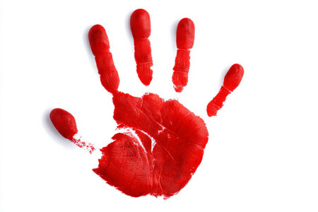 Red handprint on a white background. The concept of horror and crimeの素材