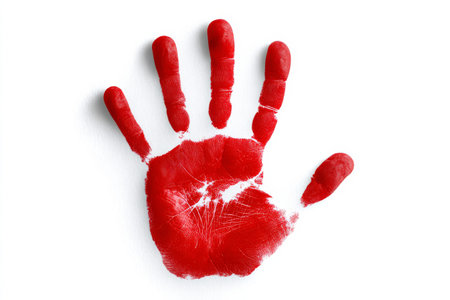Red handprint of a child on a white background. Isolatedの素材