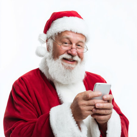 Smiling santa claus looking phone isolated on clean white backgroundの素材