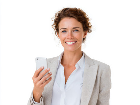 Portrait of a smiling businesswoman using mobile phone on white backgroundの素材