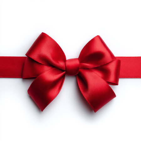 Red satin ribbon bow isolated on white background, clipping path includedの素材