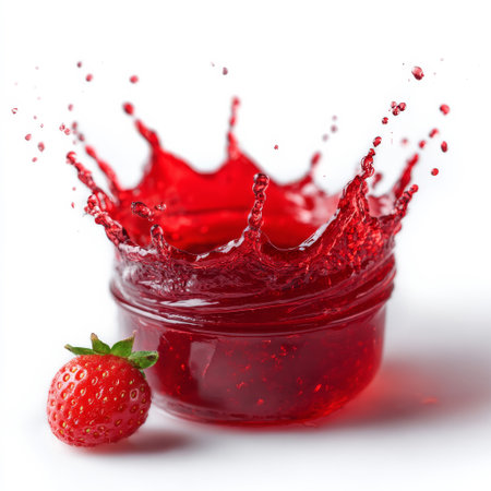 Strawberry juice splashes crown shape isolated on clean white backgroundの素材
