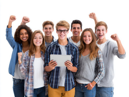 group of happy students with tablet and raising fist high isolated on whiteの素材