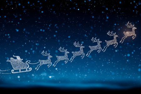 Stylized dotted Santa sleigh passing across a star-speckled skyの素材