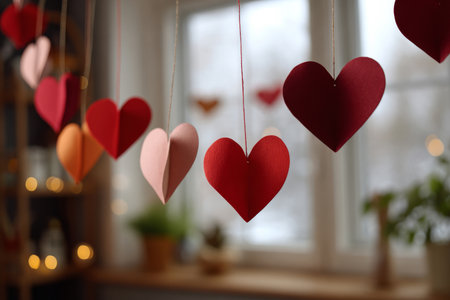 Suspended red paper hearts creating intimate and cozy atmosphereの素材