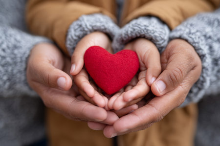 Adult and child hands holding red heart symbolizing love and family bondsの素材