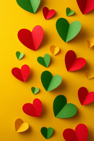 A vertical spread of red and green heart cutouts scattered across a bright yellow background honors Juneteenth with symbols of unity.の素材