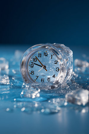 Melting ice in the form of an alarm clock on cool blue backgroundの素材