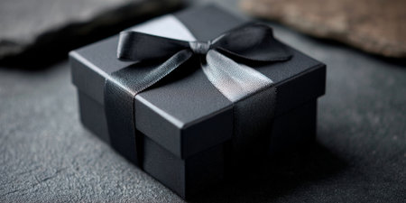 Elegant dark gift box adorned with a smooth satin ribbon on a minimalist surfaceの素材
