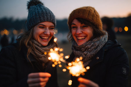 Shared sparkler glow between friends at dusk, creating a festive and intimate atmosphereの素材