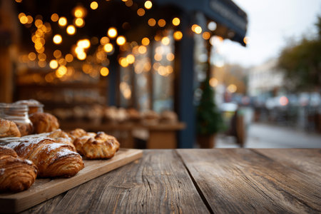 A rustic bakery-themed scene with an aged wooden table foreground and warm bokeh lights behindの素材