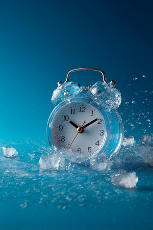 Blue background with ice alarm clock partially meltingの素材