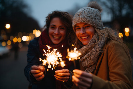Evening moment of joy as two friends enjoy sparklers together in the fading lightの素材