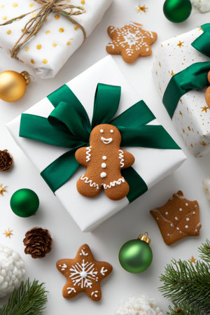 A cheerful white festive scene featuring presents with green ribbons, a gingerbread cookie, and seasonal decorの素材
