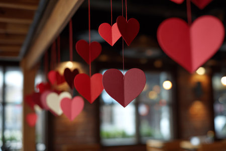 Hanging red paper hearts casting warm shadows for romantic decorationの素材