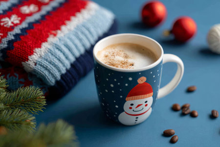 A cheerful winter mug decorated with Santa-themed accessories and holiday ornaments on blueの素材
