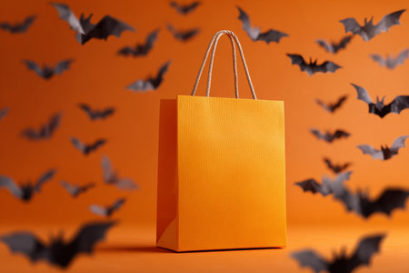 A vivid orange shopping bag releasing stylized bats in a dramatic Halloween-themed studio shotの素材