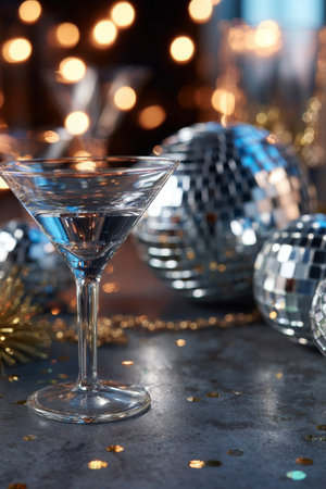 Elegant party setup with a cocktail glass and sparkling disco balls in light reflectionsの素材