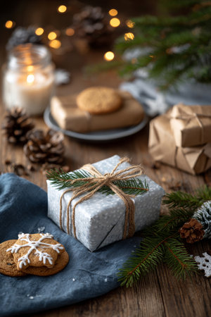 A festive tabletop scene with a present, cookies, and evergreen touches for holiday and New Year messagesの素材