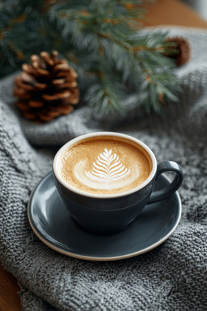 A comforting coffee cup featuring festive tree foam art for winter visualsの素材