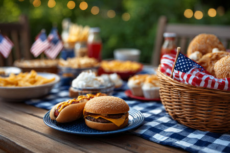 Patriotic picnic setup with hotdogs, burgers, fries, and desserts for Labor Day or Independence Dayの素材