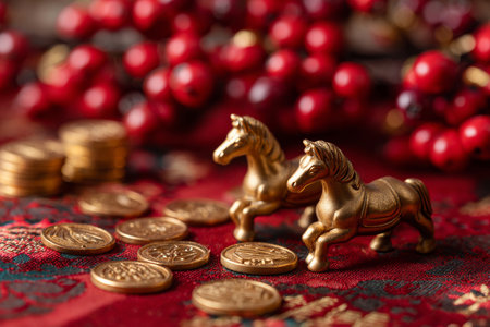 Side-angled display of a celebratory Chinese New Year scene with horse statues, golden coins, and red berries symbolizing good fortune and a warm start to the yearの素材