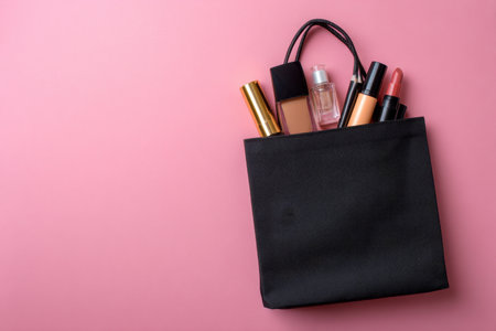 A black shopping bag overflowing with assorted makeup arranged playfully on a bright pink backgroundの素材
