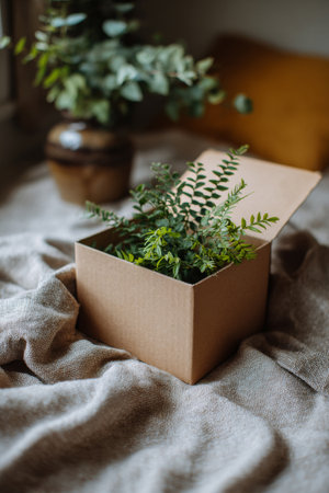 Cardboard package resting open on fabric, complemented by subtle greenery and calm illuminationの素材
