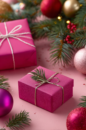Pink holiday setting featuring wrapped gifts, ornaments, pine sprigs, and elegant decorative touches for vibrant seasonal visualsの素材