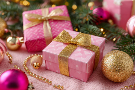Bright pink festive composition with decorative gifts and gold elements creating a refined Christmas New Year ambianceの素材