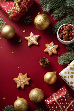 Vertical red-background Christmas display with ornaments, cookies, and wrapped presents in gold and red huesの素材