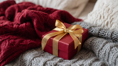 Red holiday gift wrapped with a gold ribbon showcased on a cozy knitted surfaceの素材