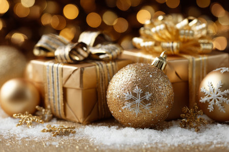 Golden gifts and ornaments create a warm Christmas scene with snowflakes and ribbons, perfect for NewYear greetings, holiday catalogs, and festive promotionsの素材