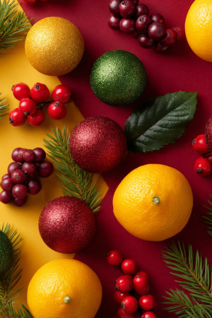 Bright holiday-inspired abstract piece featuring decorative fruit shapes and berry accentsの素材