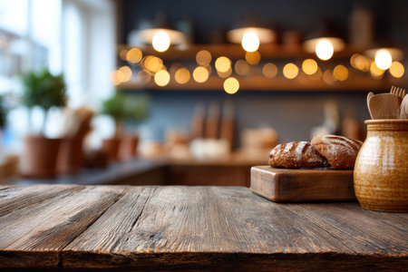 A warm bakery ambiance created with an old wooden surface and gentle blurred light spotsの素材