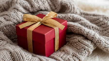 Red gift box tied with a gold ribbon resting on a cozy knitted blanket for a warm holiday atmosphereの素材