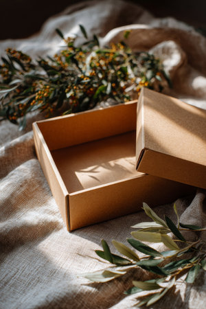 A simple brown box opened on a textured cloth surface with fresh greenery under soft, warm lightの素材