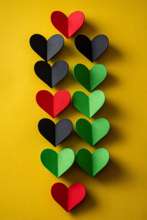 Artistic upright lineup of tri-color hearts symbolizing unity and celebration on yellowの素材