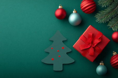 On a green backdrop, a cutout tree design stands alongside a red ribboned present and seasonal ornaments.の素材